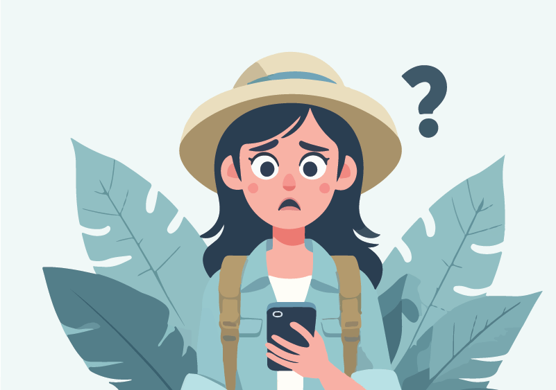 Confused woman holding a cell phone in a jungle