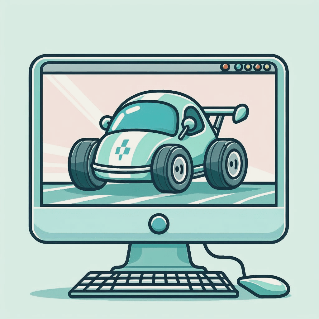 Mint green cartoon race car on a computer screen