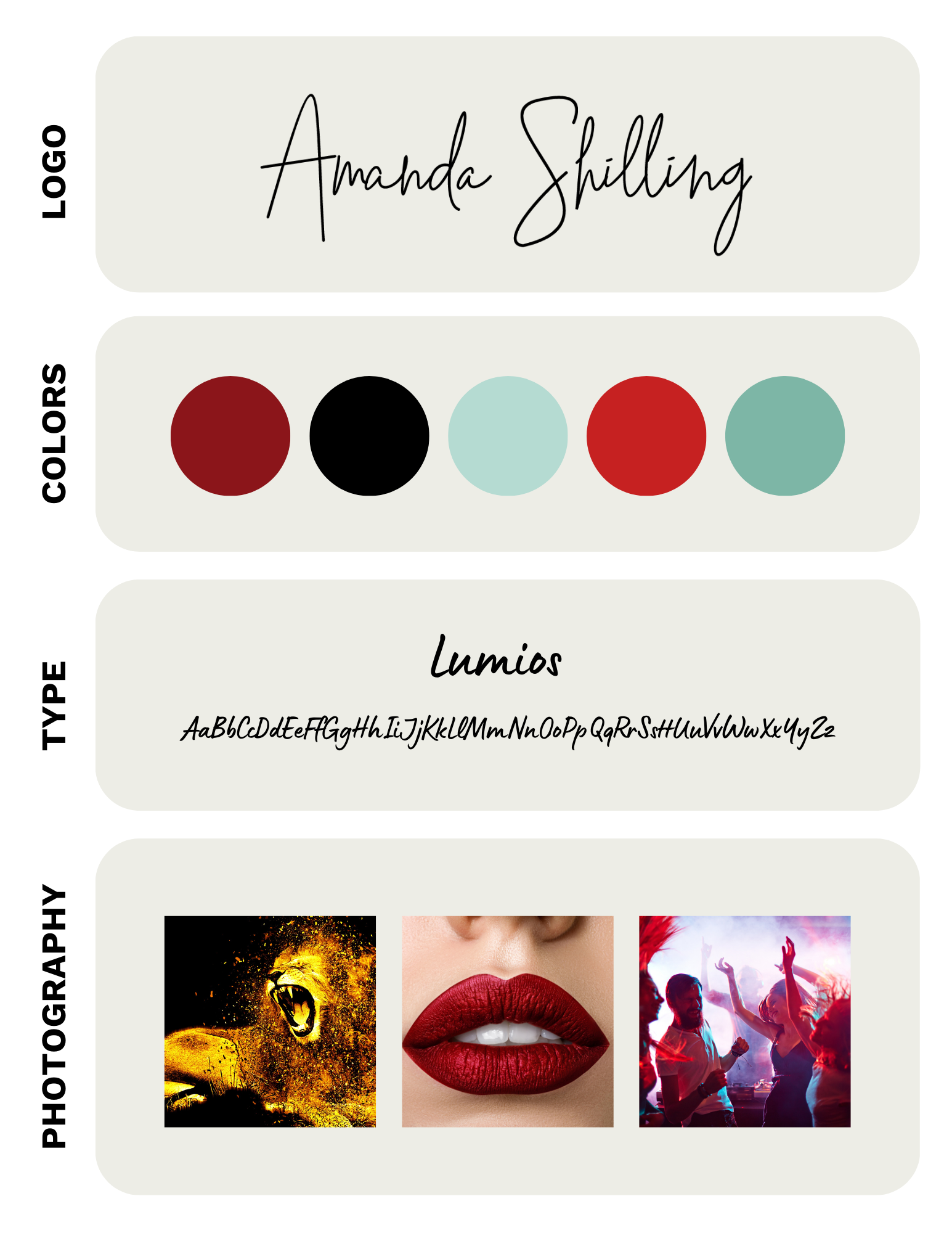 Amanda Shilling brand guide: logo, color palette (red, black, teal), Lumios font, photography featuring a lion, red lips, and party scene.